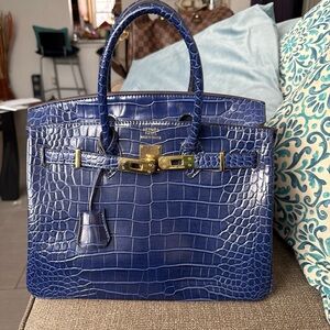 Elegant Blue Crocodile Embossed Handbag